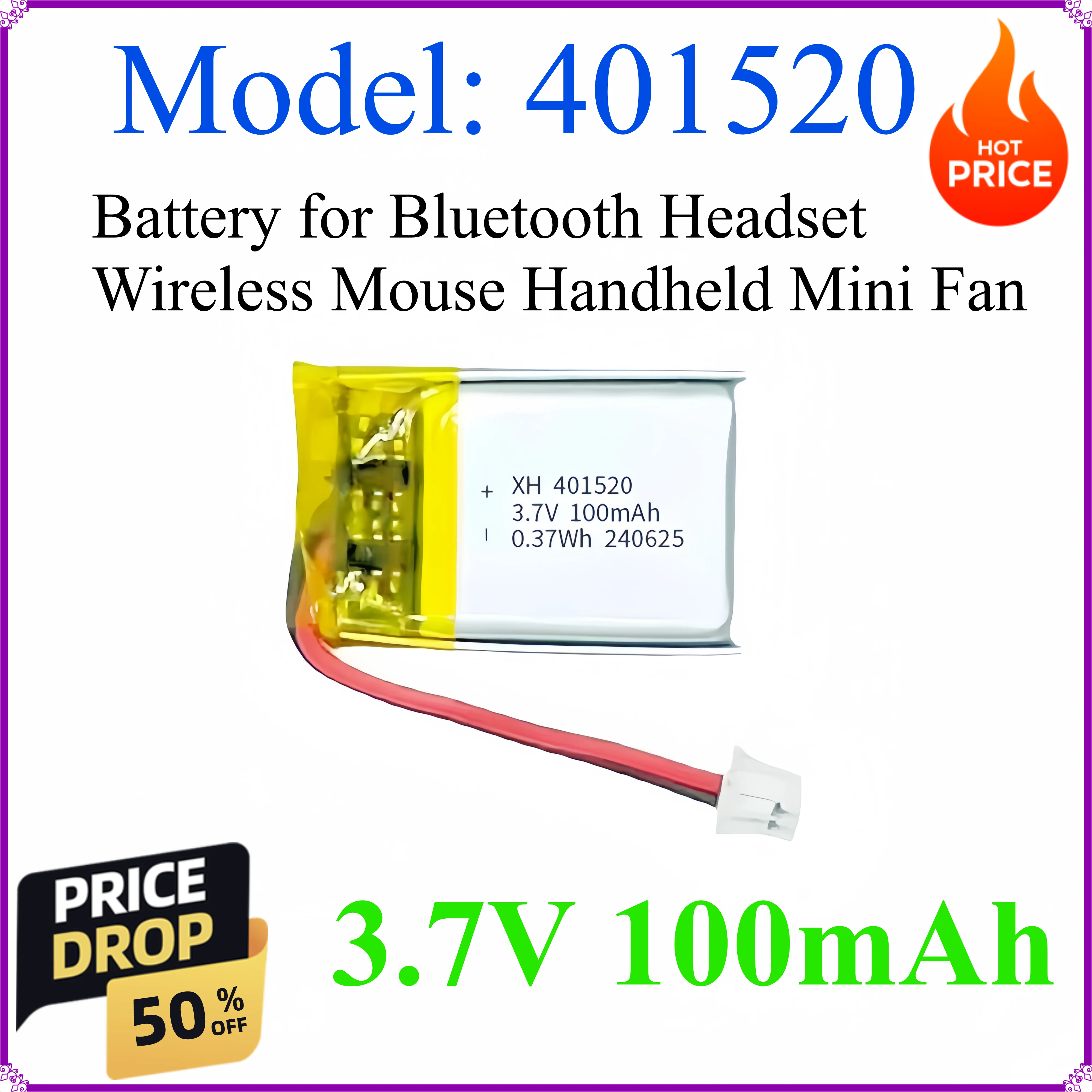 

401520 3.7V 100mAh Lithium Polymer Battery for Bluetooth Headset Wireless Mouse Handheld Mini Fan Battery