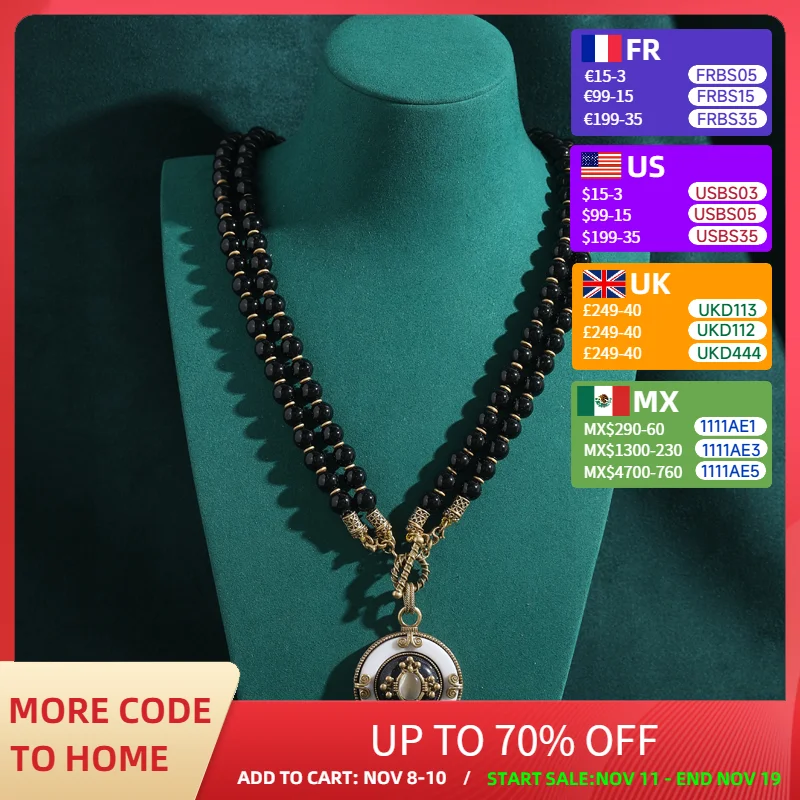 

Винтажные черные бусины из натурального камня, двухслойные ожерелья, цепочка, круглая белая подвеска для женщин, антикварные ювелирные аксессуары, новинка