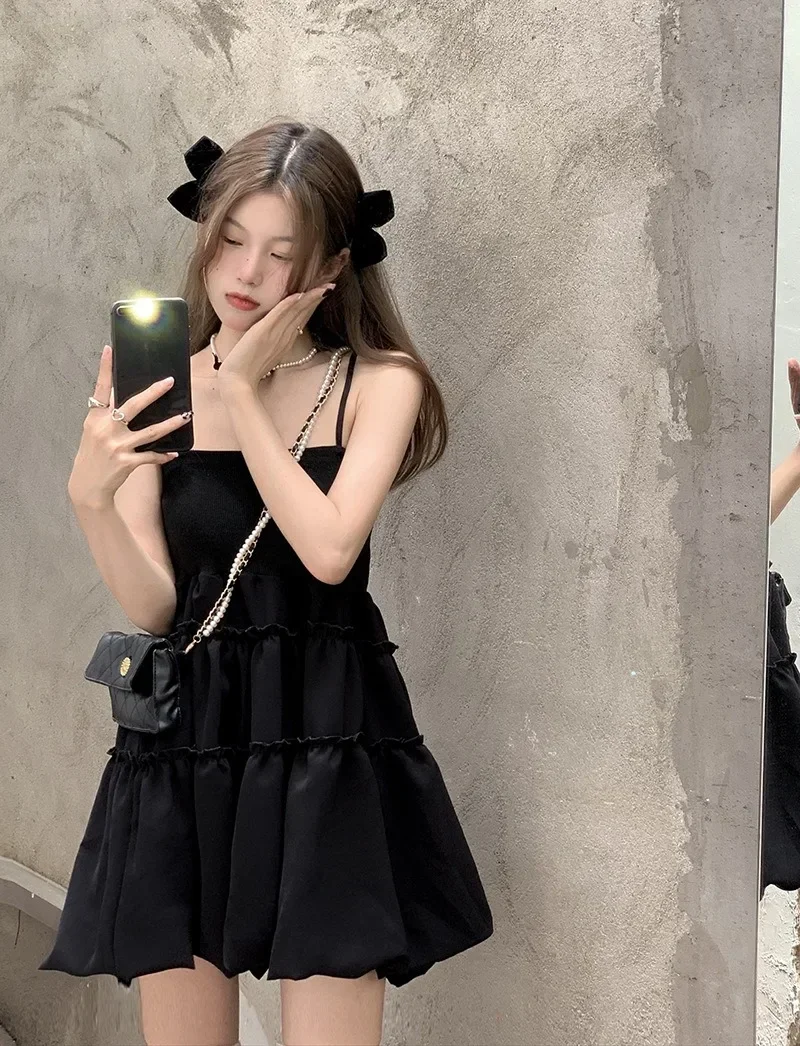 

Black Sweet Fluffy Dress Women Korean Waist-Tight Ruffles Spaghetti Strap Dresses Woman 2024 A Line Prom Gown Mujer Платье 원피스