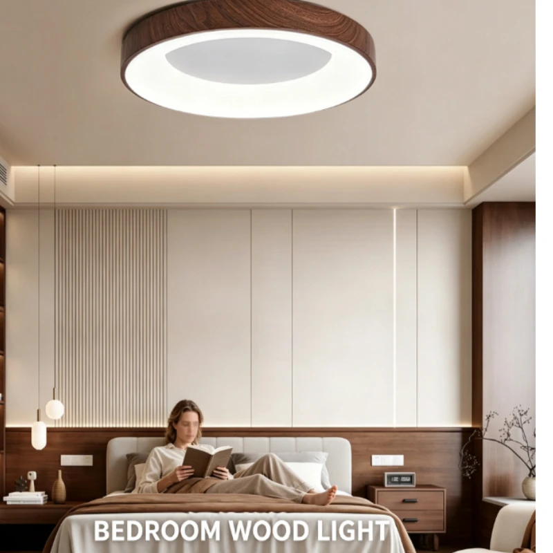 Round Led Ceiling Lamp With Walnut Wood Frame And Soft Diffused Light For Study Room Bedroom Use