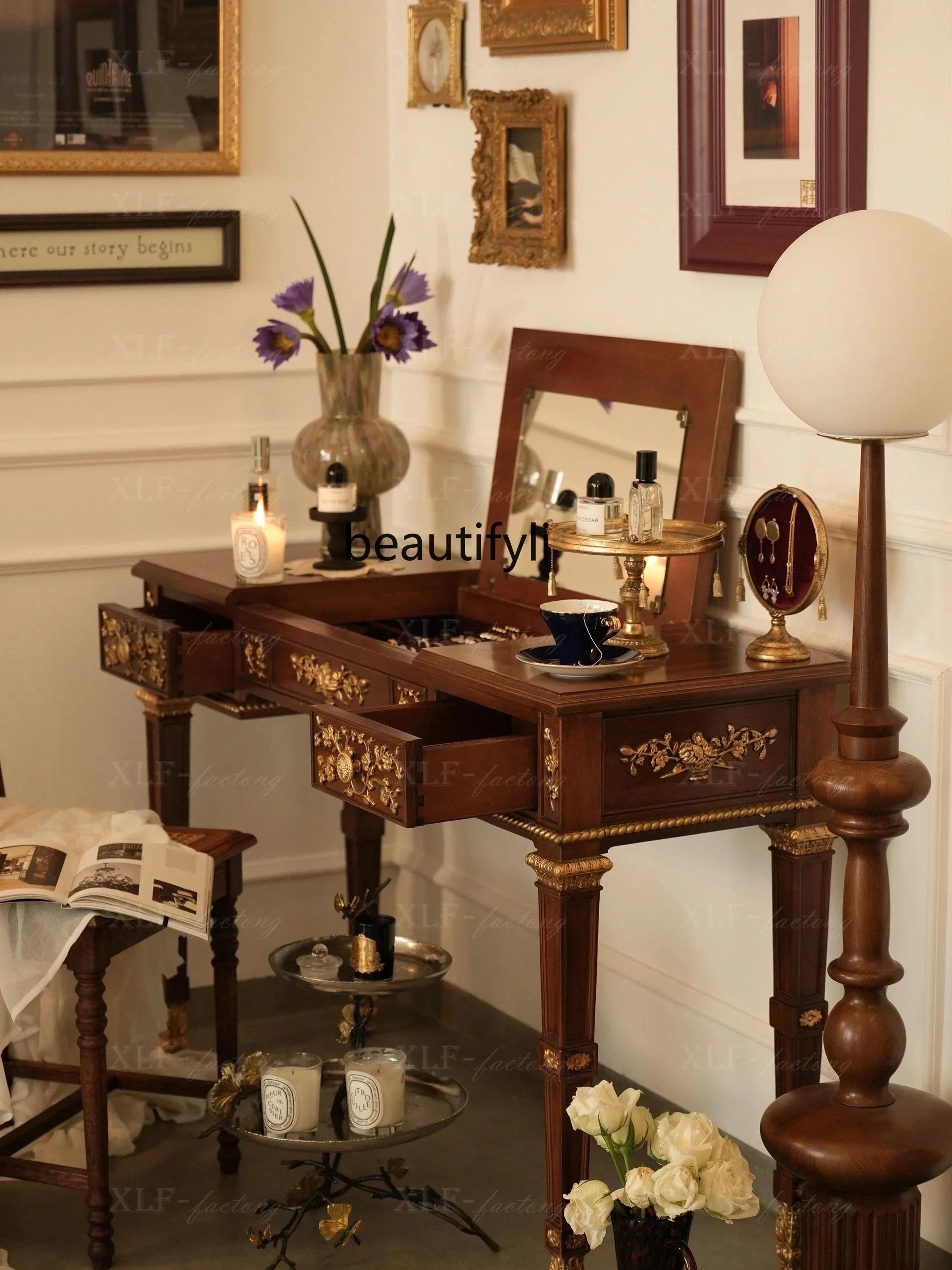 

LXAmerican Dresser Flip Makeup Table Carved Solid Wood British Small Apartment Windsor Castle Furniture