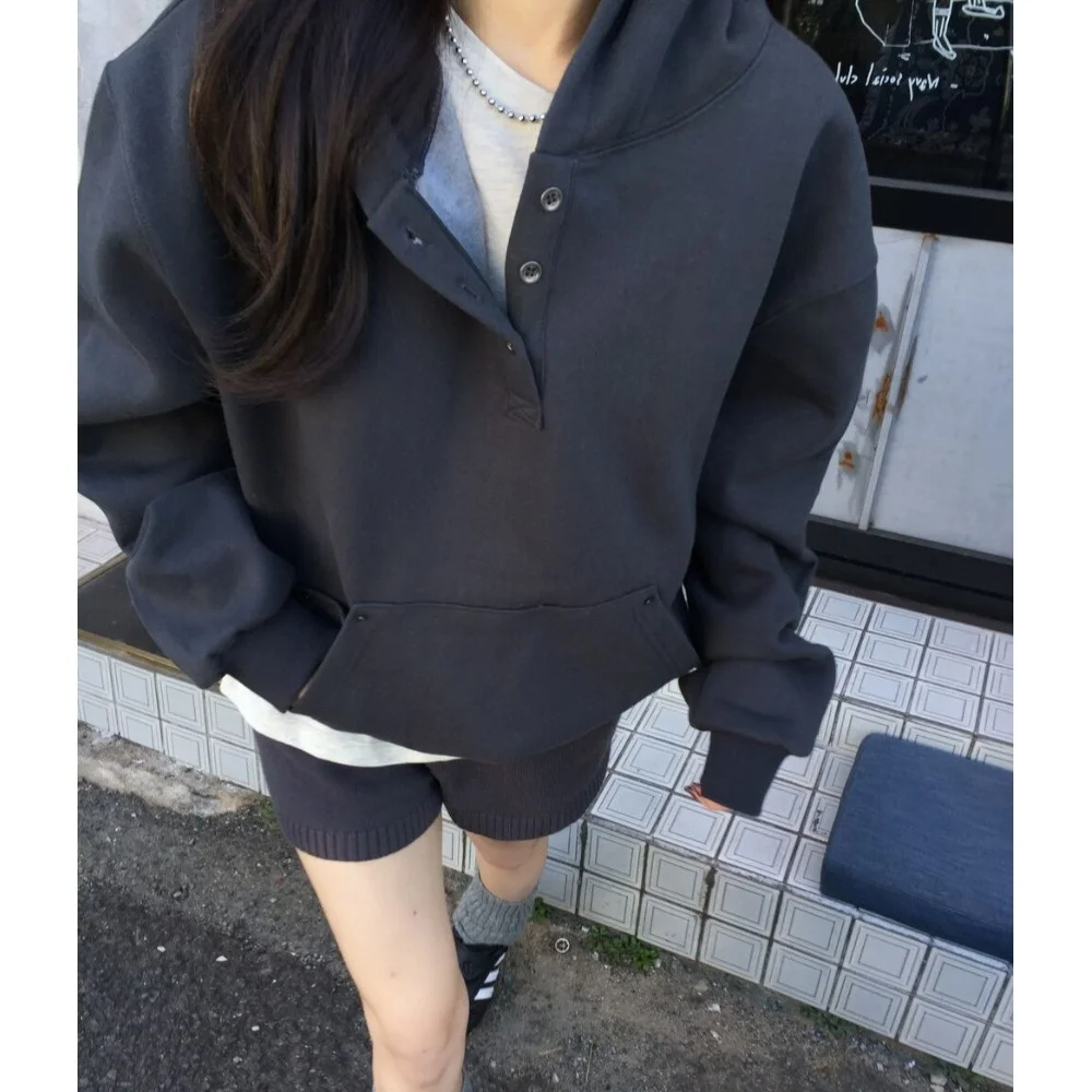 Moletom chique com capuz feminino Faion início da primavera design f botão Ne cor pura casual Fce Long Sve Top