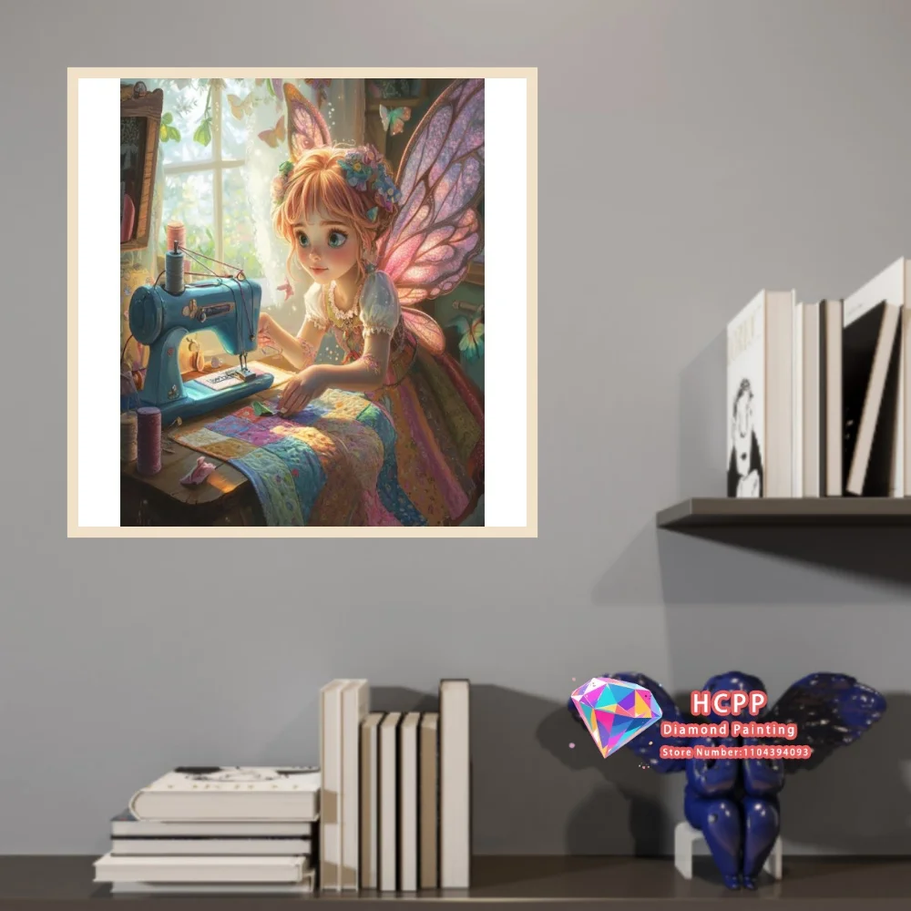 Butterfly Fairy Sewing Machine Room 5D DIY Diamond Painting Set with Square and Round Diamonds Handmade Crafts Gifts