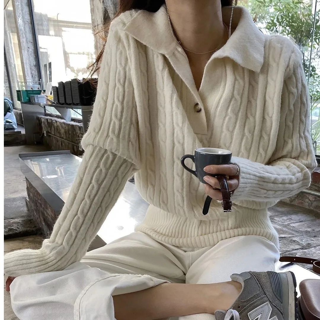 

Женский вязаный свитер с воротником Lazy Sle, свободный свободный полосатый накладной светильник, высококачественный длинный светящийся теплый осенний модный