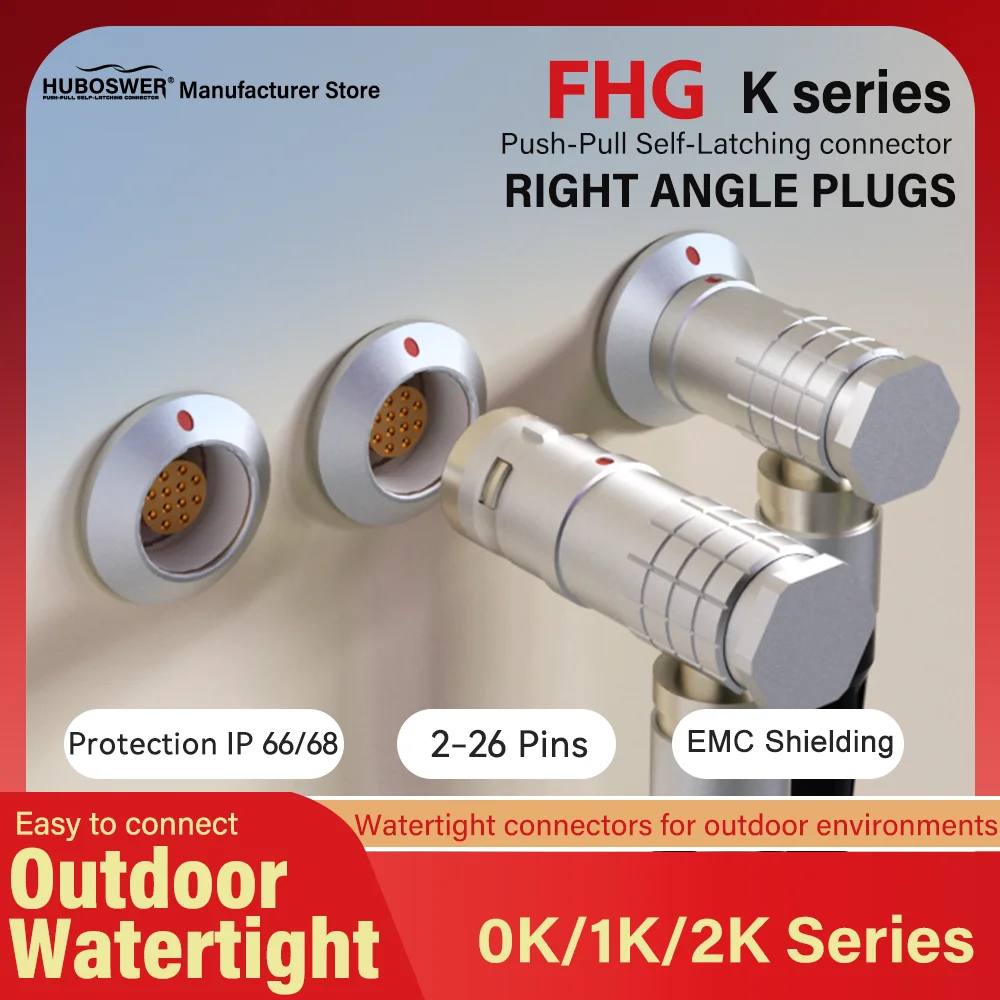 

Elbow Plug FHG 0K/1K/2K 2 3 4 5 6 7 8 9 10 12 14 16 18 26 Pins Right Angle waterproof IP 66/68 Push-Pull Self-Latching Connector