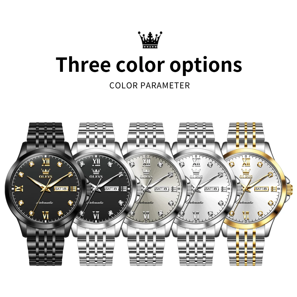 ساعة OLEVS ميكانيكية أوتوماتيكية بالكامل جديدة أصلية من الفولاذ المقاوم للصدأ بمقياس ماسي للرجال مقاومة للماء وتوهج ليلي ﻿