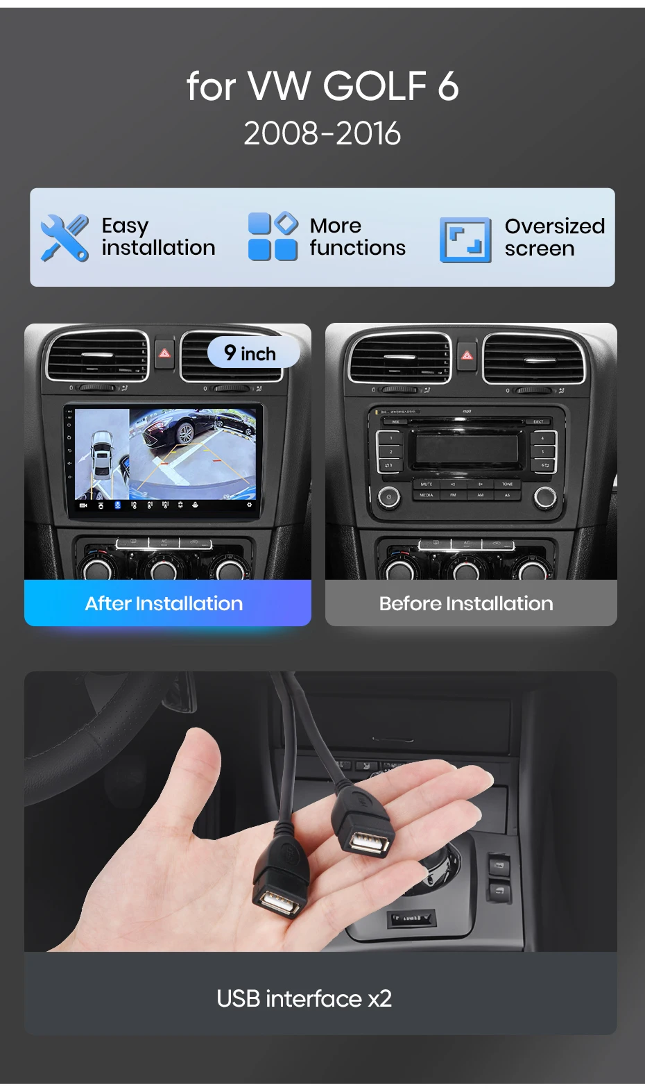 Junsun Autoradio für VW VOLKSWAGEN VW GOLF 6 2008 2009-2016 CarPlay Android Auto FM RDS DSP BT GPS Navi SWC HD IPS Touchscreen Plug & Play Multimedia-Player Freisprecheinrichtung Original-Autostil-Haupteinheit – Detail 4