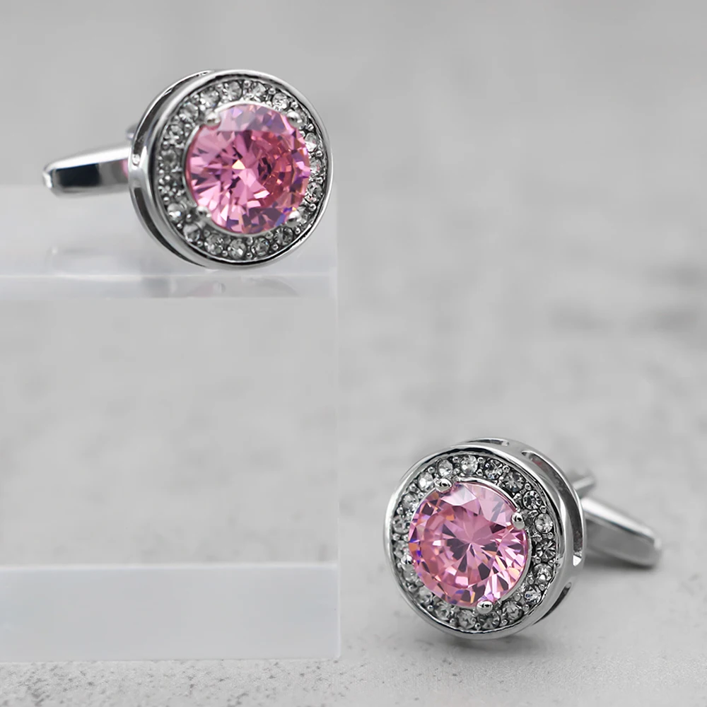 New Luxurious Design Men's  Round Crystal Cufflinks Quality Brass Material Pink Color Wedding Cuff Links Wholesale & Retail