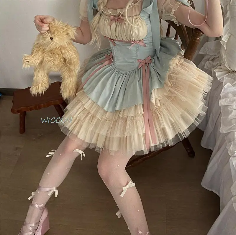 

Japanese Lolita Jsk Dress Sweet Women Vintage Bow Ribbon Party Princess Dresses Girls Kawaii Ballet Style Mesh Y2k Mini Dress