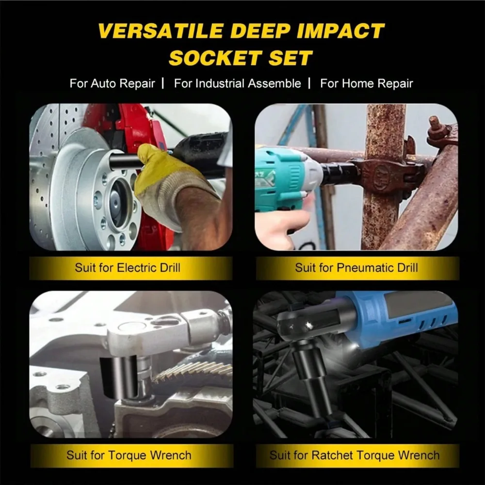 Set 10 buah plug drive 1/2 inci, set plug impact heksagonal 6 titik, set plug impact 8-24mm dengan kotak penyimpanan