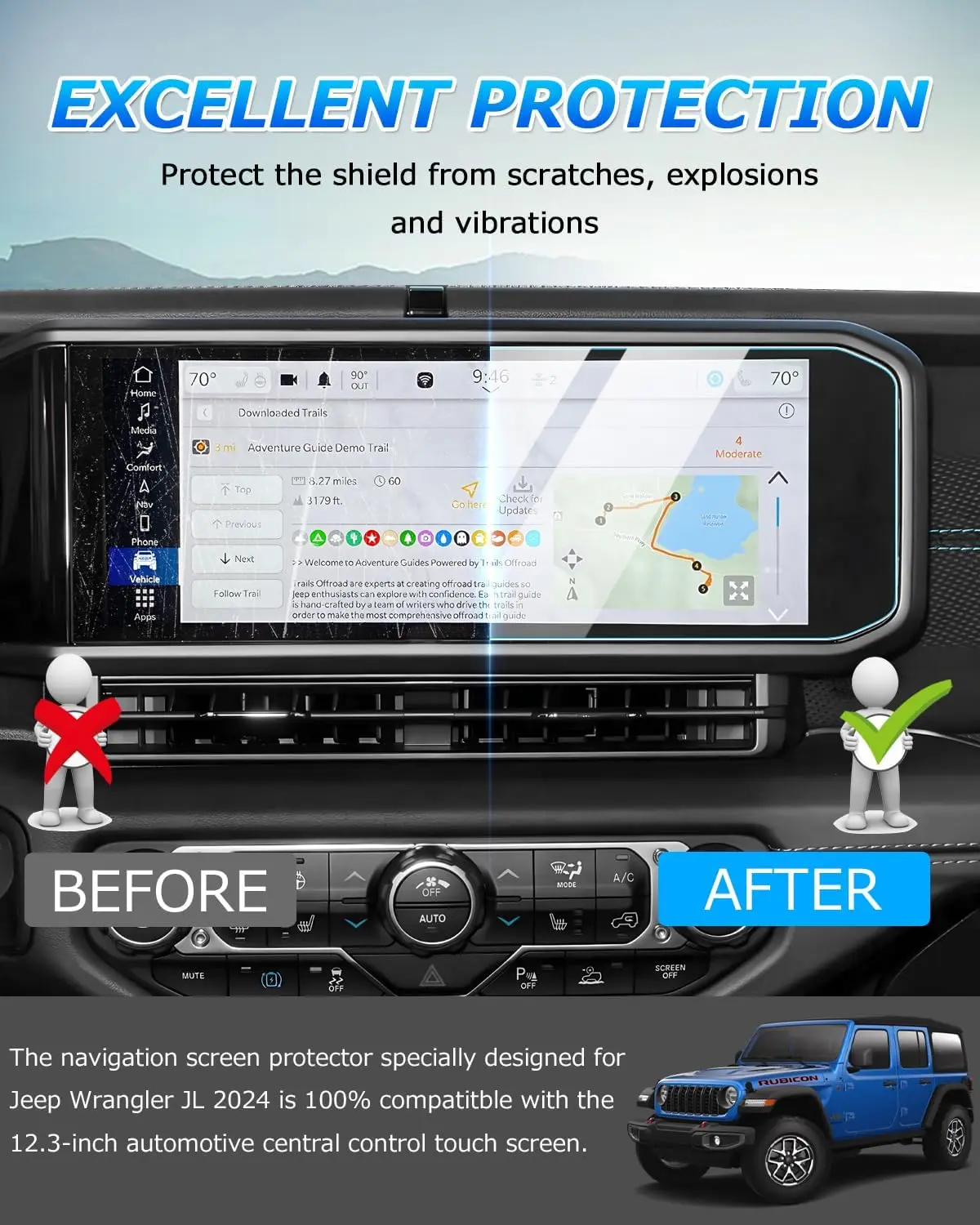 2PCS 12.3 Inch Car Navigation Tempered Glass Screen Protector Film for Jeep Wrangler JL Gladiator JT 2024+ Interior Accessories