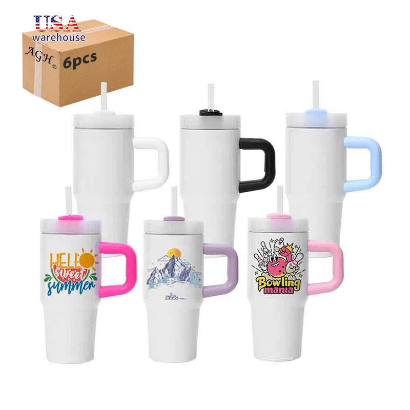 

6pcs AGH 14oz Double Wall Stainless Steel Vacuum Sublimation Tumbler With Colored Handle he