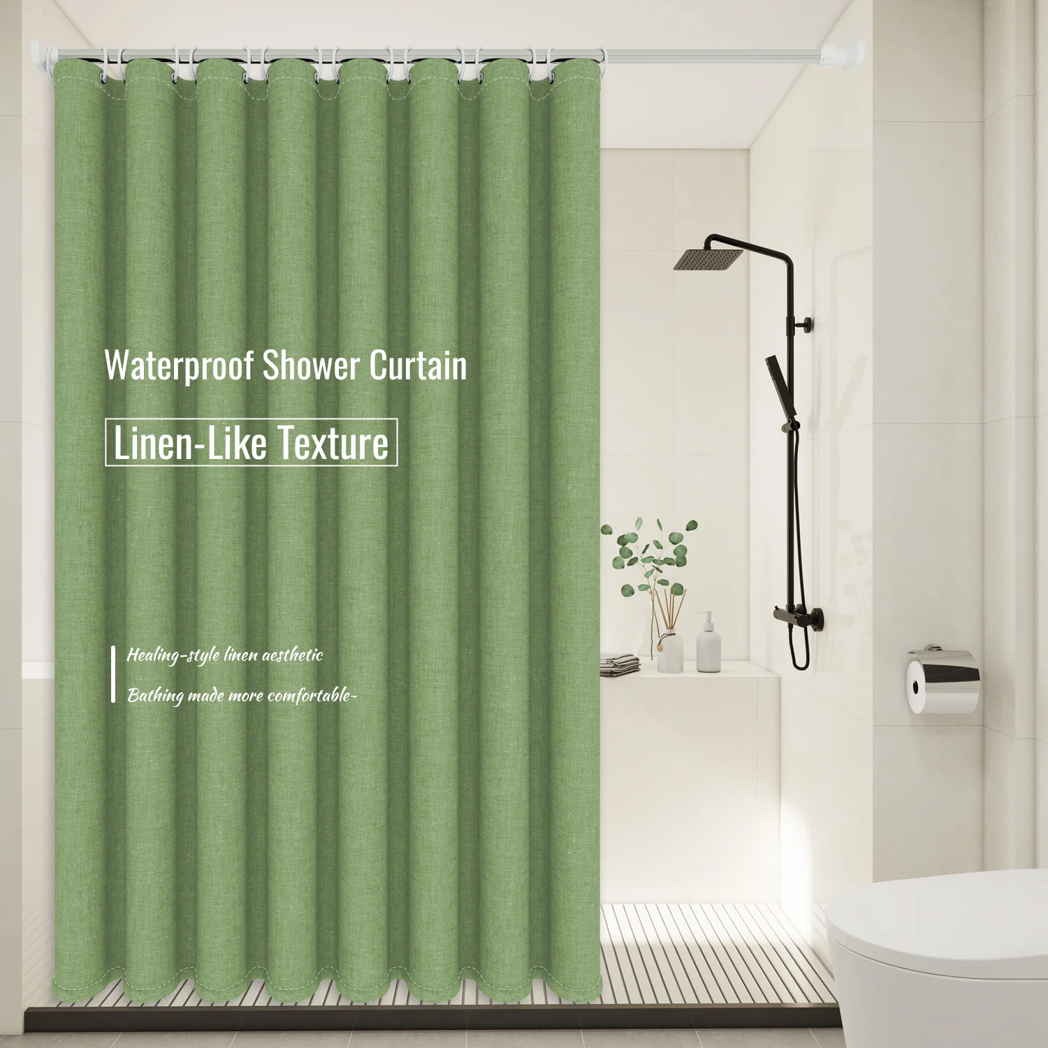 Minimalist Style Linen Texture Sage Shower Curtain - Thick and Substantial Polyester Fabric