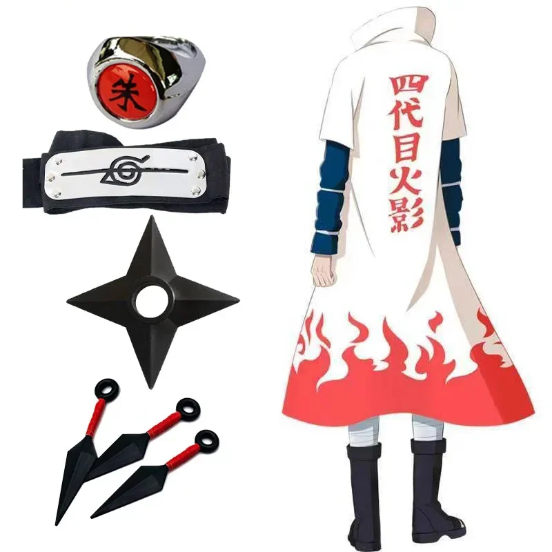 Anime Cosplay 4Th Hokage Uzumaki Costume Adult Kids Namikaze Minato Cape Headband Necklace Weapon Ring Children Cosplay Gifts MN