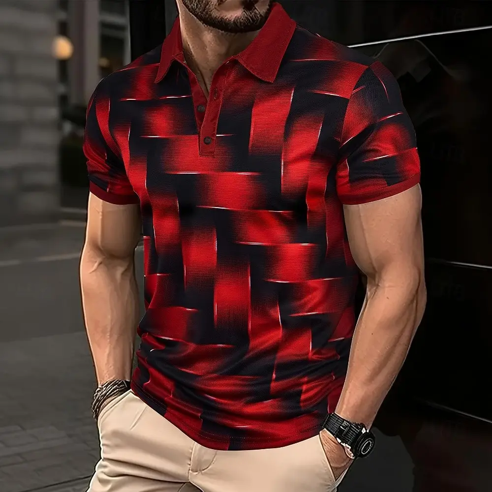 3D Woven Graphic Polo Shirt Men Metallic Blue Optical Design Short Sleeve Sports Tops Summer Fit Casual Polo 2026 New