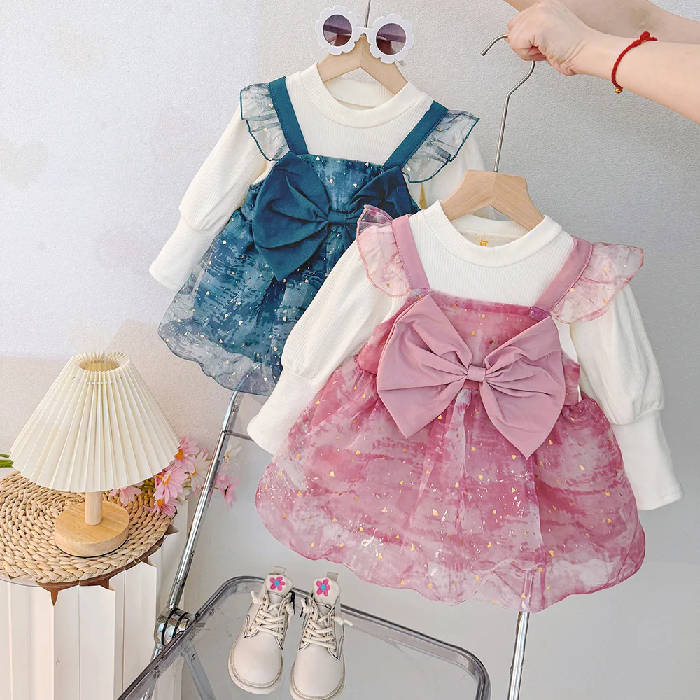 

Korean Style Baby Girl Dress Autumn Long Sleeved Purple Bow Gauze Girl Princess Dress Girl Evening Party Dress