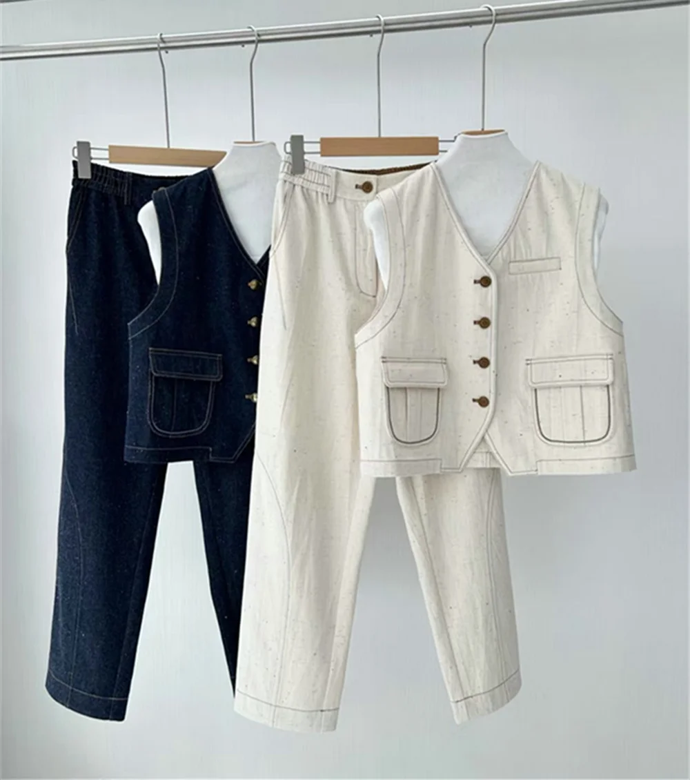 

Spring Summer Women's Beaded Sleeveless Denim Vest Top+ High WaistJeans Pants 2-piece Set