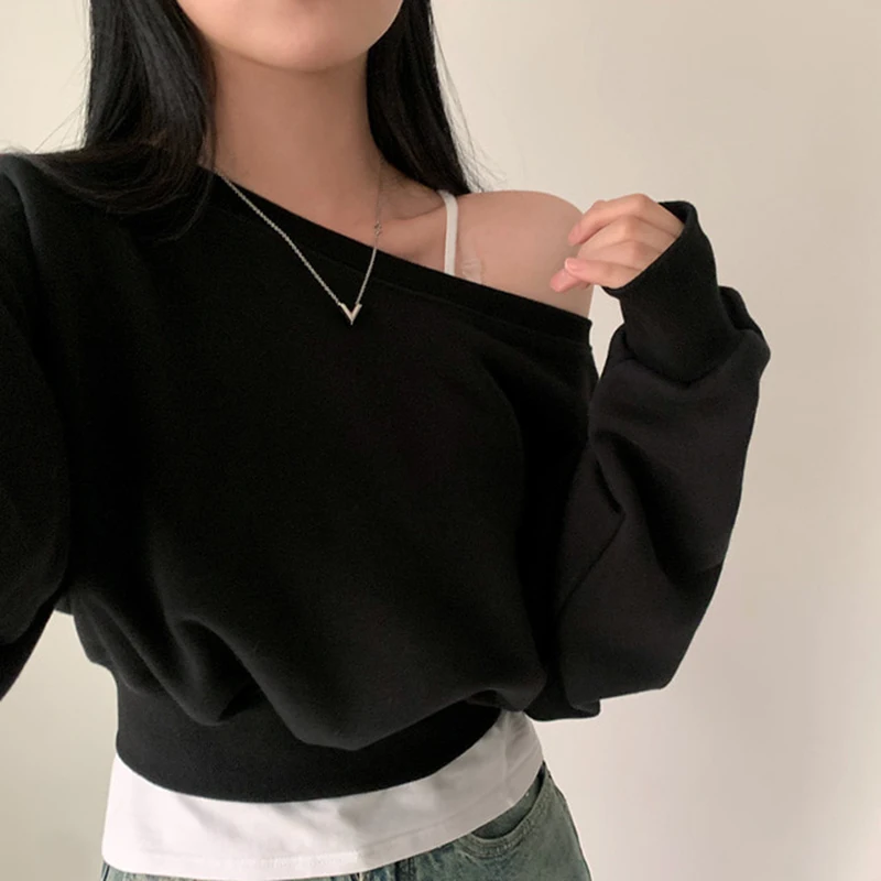 Sexy Slash Neck Off Shoulder Hoodies Women Long Sleeve Y2K Streetwear Pullovers Woman Korean High Waist Loose Crop Tops Female