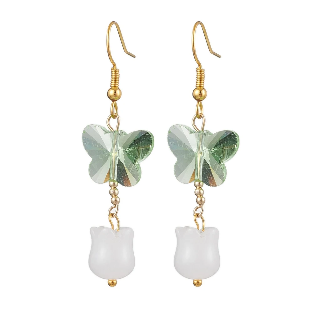 

3Pair Butterfly Transparent Glass with Natural White Jade Dangle Earrings, Dark Sea Green, 53x15mm