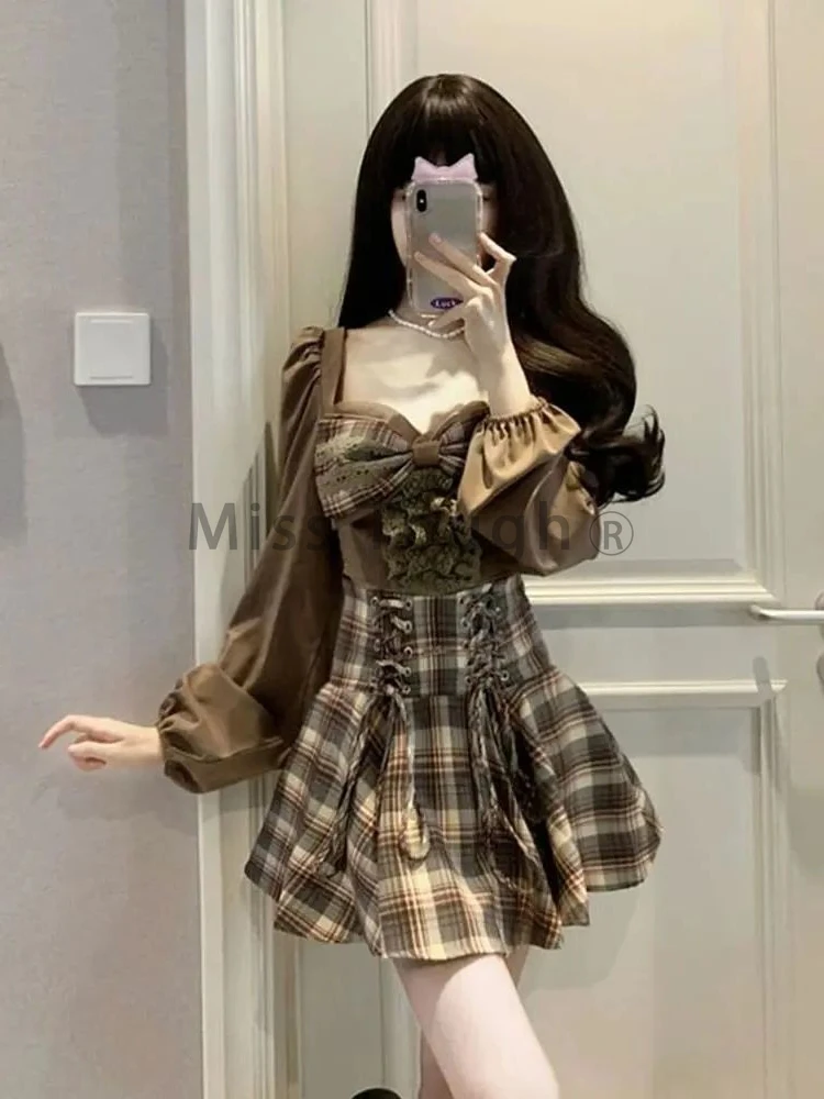 Sweet Kawaii New Two Piece Set Women Bow Plaid Y2K Patchwork minigonna Suit femminile coreano Fashion Designer Casual Cute Set 2024