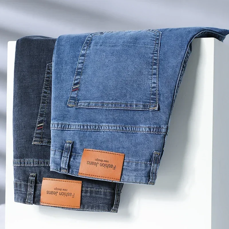 2026 Thin Men's Elastic Jeans Fashion Breathable Denim Business Casual Business Comfortable Pants Male Light Blue Trousers