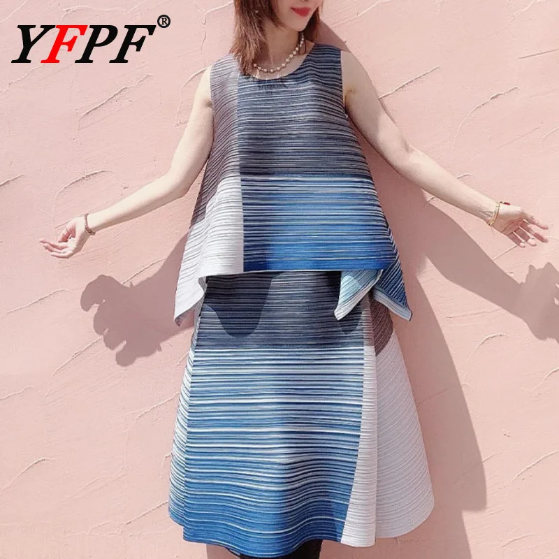 

YFPF Miyake Pleated Women Two Piece Set Fashion Striped Print Sleeveless Loose Vest + A-line Skirt Casual 2025 New Clothing