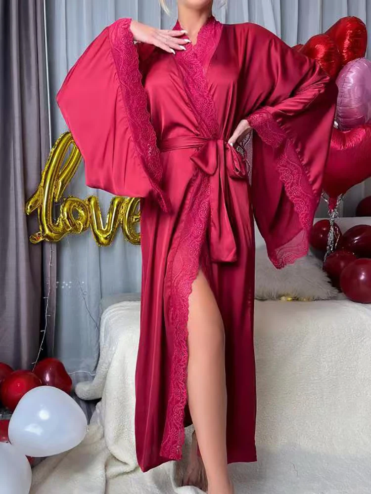 Abito da donna Luxuy Satin Pijama Lace Trim Manica svasata Abito da doccia Comodo setoso Accappatoio per la casa Lungo scollo a V Camicie da notte sexy