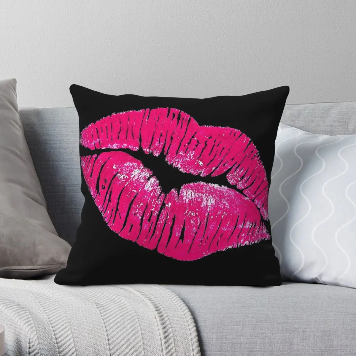 Pink Lips Pillowcase Polyester Linen Velvet Printed Zip Decor Pillow Case Sofa Seater Cushion Case