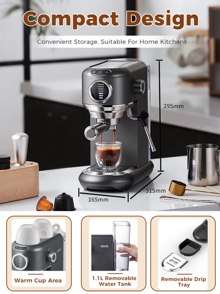 Cafelffe Coffee Maker 19Bar Inox Semi Automatic Super Slim ESE POD&Powder Espresso Cappuccino Machine Stainless Steel Cold/Hot