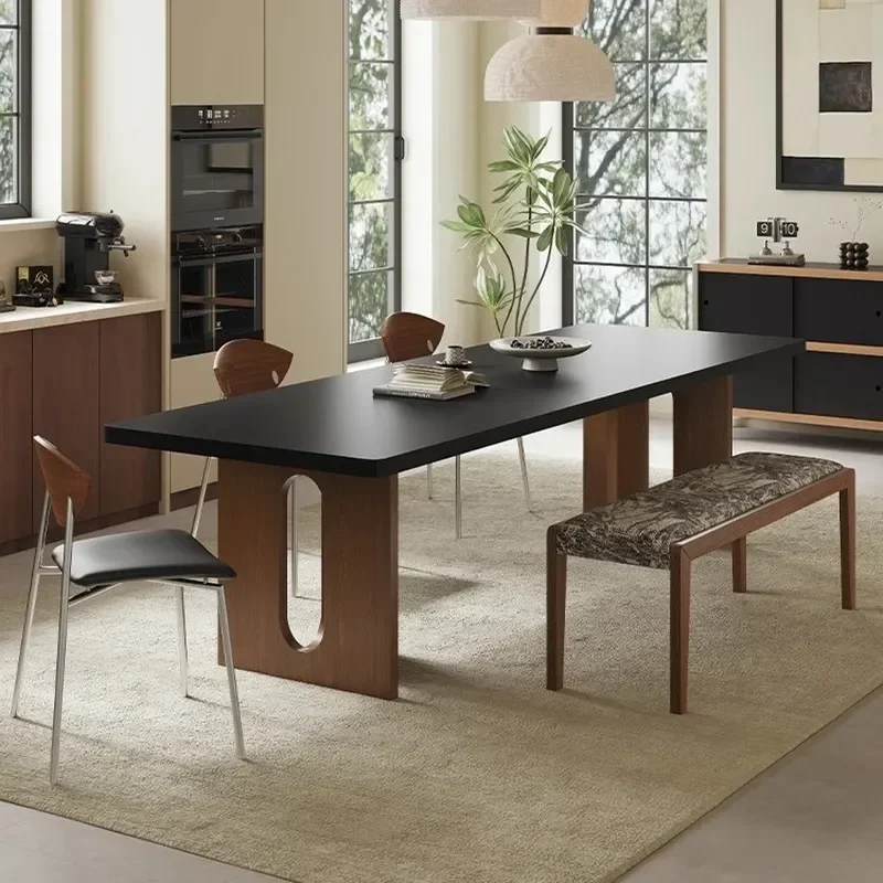 Simple Retro Black Rock Slab Rectangular Dining Table and Chair Set French Solid Wood Home Furniture