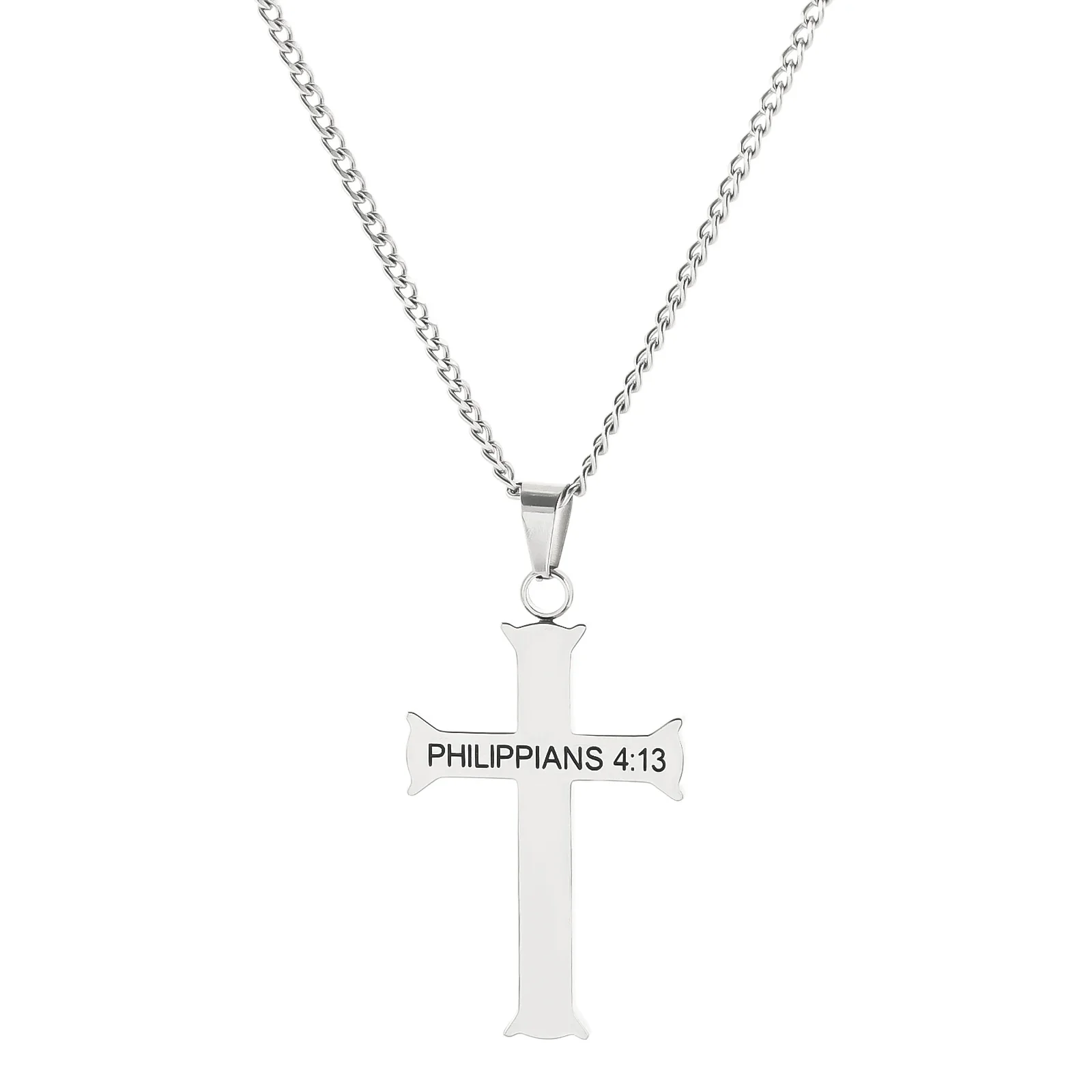 HOUWU Stainless Steel Philippe 4:13 Jewelry Cross Necklace STRENGTH Bible Scripture  Men