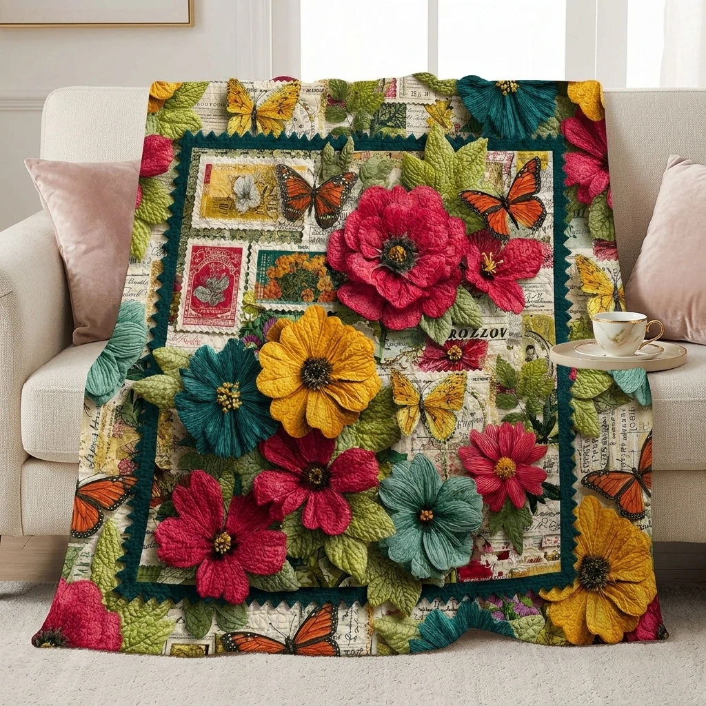 

1PC Retro Postcard Style Flowers & Butterflies Thickened Flannel Blanket, Cozy Warm Portable, Perfect Gift for Adults Boys Girls