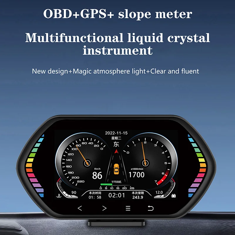 New 2023 Car Hud Head-up Display OBD Multifunctional Universal Touch LCD Large Screen Car Slope Meter