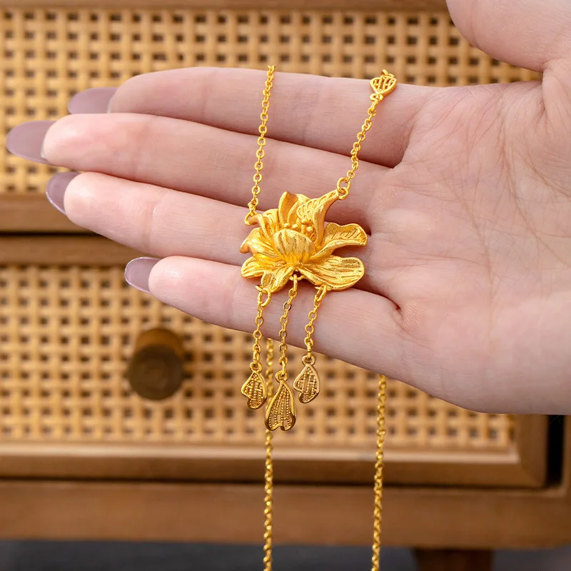 Female 24K Gold AU999 Texture Peony Tassel Clavicle Chain, premium AU999 solid gold fashion accessory for women