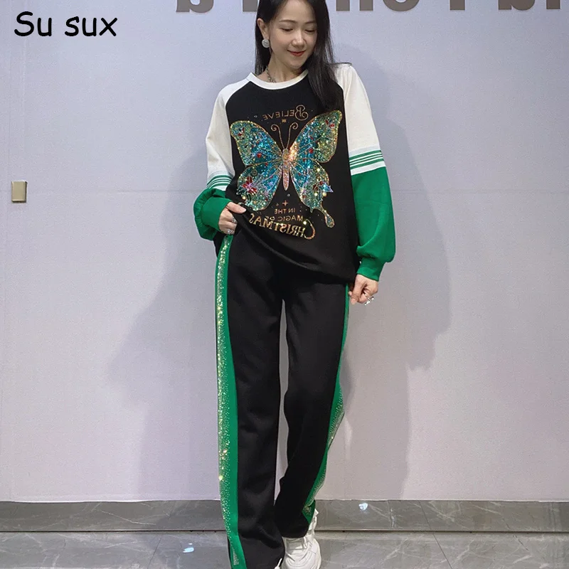 

Лоскутный пуловер с блестками и большим узором бабочки, комплект из 2 предметов, женские повседневные комплекты брюк большого размера, 2026, весенне-осенняя уличная одежда