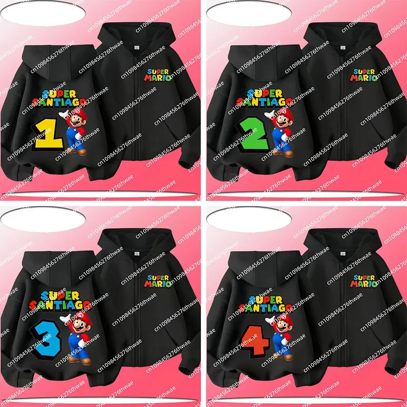 

2025 новый стиль, детское пальто на молнии с капюшоном для детей от 1 до 12 лет, пальто с мультяшным принтом «цифровой Марио», повседневная спортивная рубашка для мальчиков и девочек