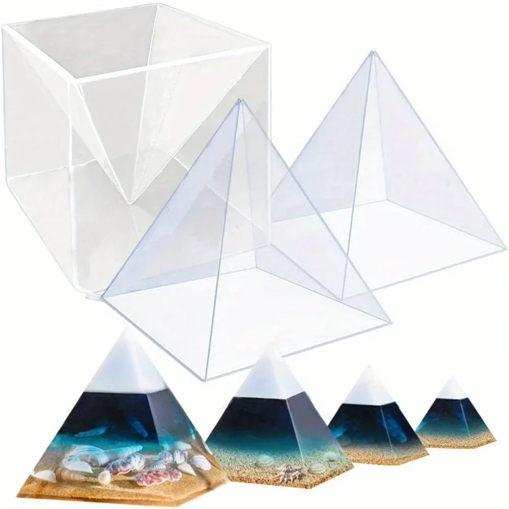 Stampi In Silicone Trasparente Extra Large A Forma Di Piramide Per Resina, 2 Stampi Interni A Piramide In Silicone + 1 Cornice In Plastica, Stampo In Resina Lucida Per Creazione Di Piramidi Chakra Orgonite-image