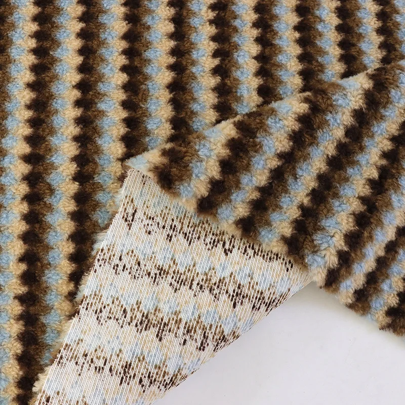 100cm Lamb Fleece Wheat Ear Printed Fabric Striped Cashmere Feel Cloth for Autumn Winter Coat DIY Sewing Pet Nest Making - view 5