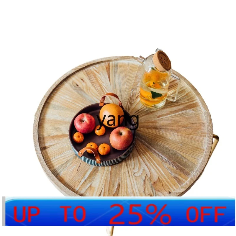 LMM American country light luxury round old wooden coffee table, retro gold wrought iron round coffee table