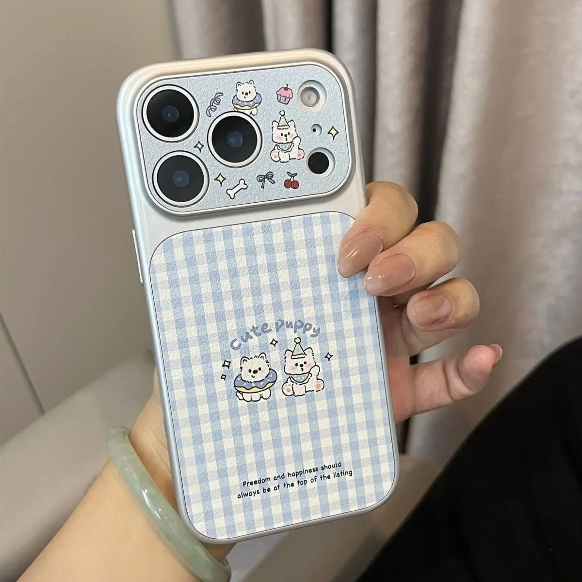 

Phone Case For iPhone 17 16 15 14 13 12 11 Pro Max Plus New Korean INS Cartoon Cute Puppy Plaid Pattern Protective Cover