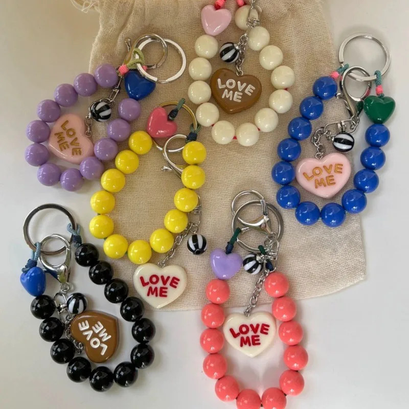 Y2K Cute Heart Phone Chain Korean Design Fresh Girly INS Style Pink Bead Heart Pendant Keychain Ring Strap Cellphone Lanyard