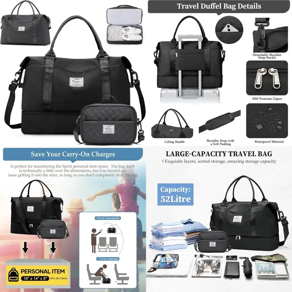 

Women's Weekender Bags - Large Travel Duffle with Shoe Compartment, Personal Carry-On Set for Overnight Trips