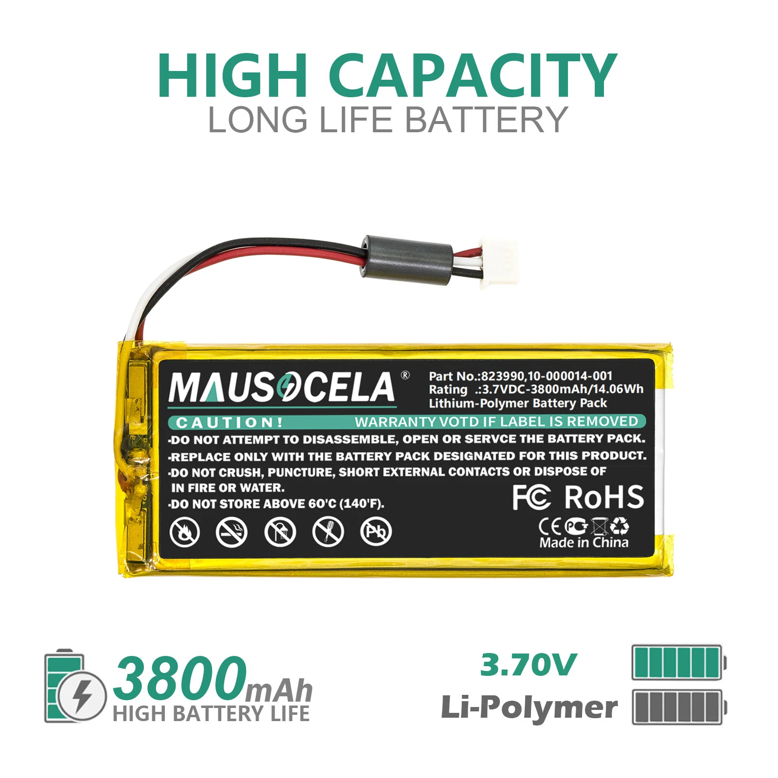 Alarm System Battery For ADT&2GIG:GC3 Panel,SP1-GC3,GC3e Panel,Panel SmartThings,10-000014-001,823990,3800mAh / 14.06Wh,Li-Polym