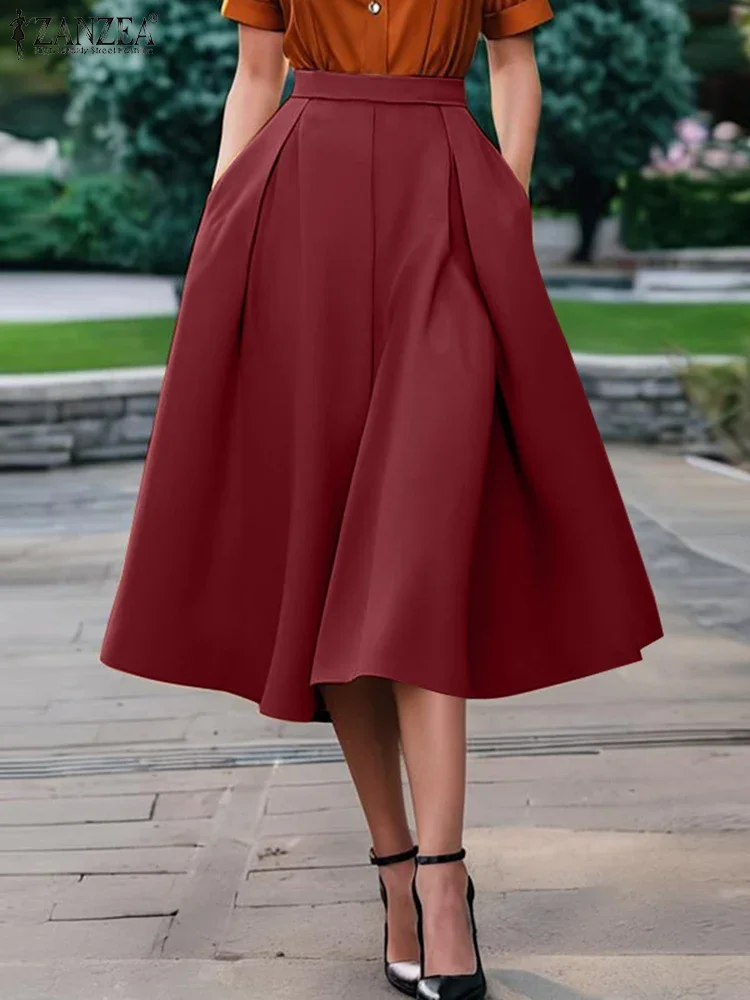 2025 ZANZEA mode femmes été taille haute travail OL jupes solide jupe Midi élégant fête Faldas Saia mode a-ligne Jupes Robe