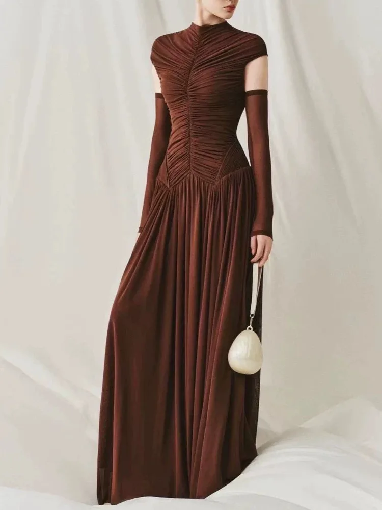 QMQA Fashion Women's Elegant Pleated Knitting Dresses Round Neck High Waist Ruched Textured Knit Dress 2026 Female New QM1278