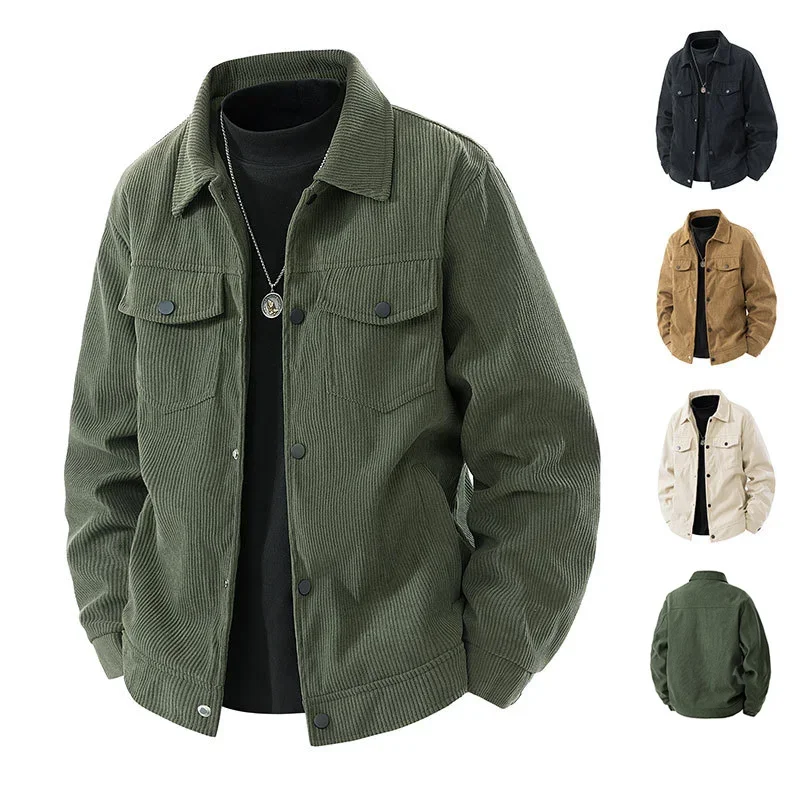 Autumn Winter Corduroy Men's Jacket Lapel Casual Cargo Jackets Conventional Thickness Inner Pocket Work Button Coat Tops Male