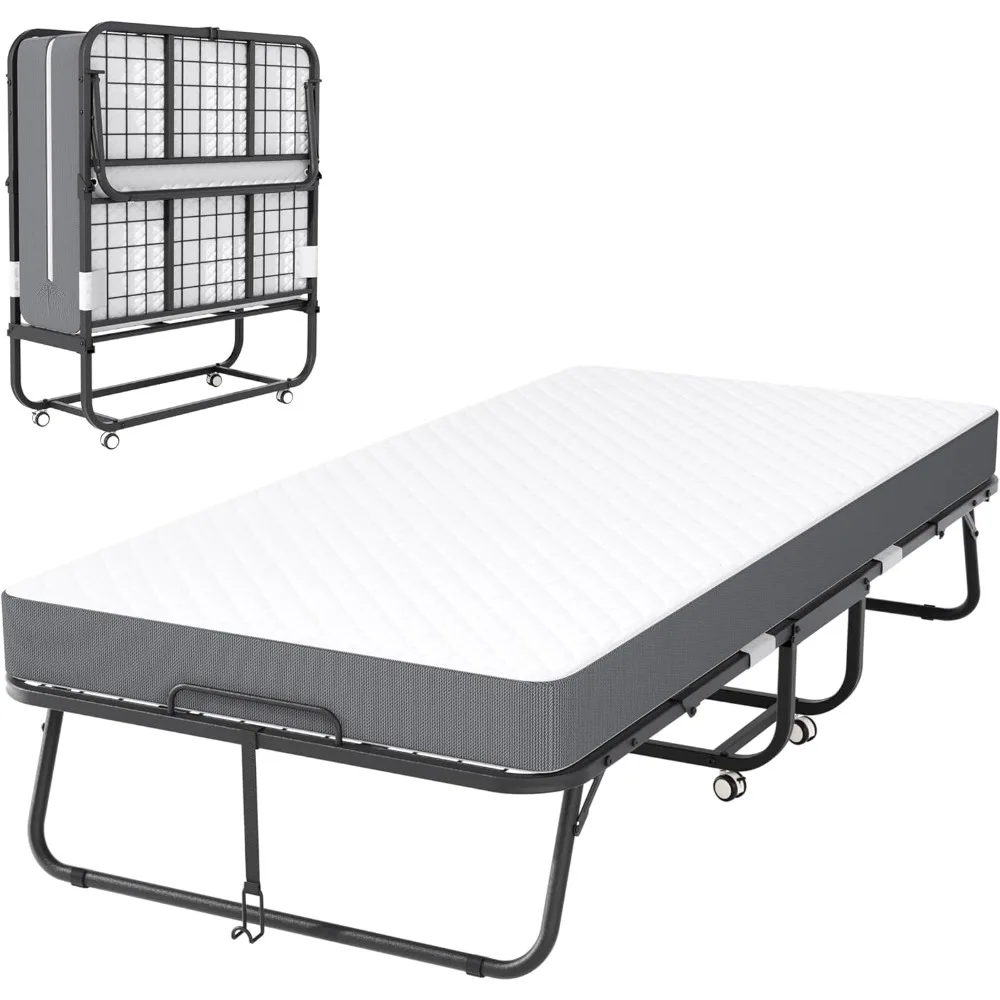 

Folding Bed with Memory Foam Mattress, 75 x 31 Compact Cot, 5 Thick, Space-Saving Rollaway Bed