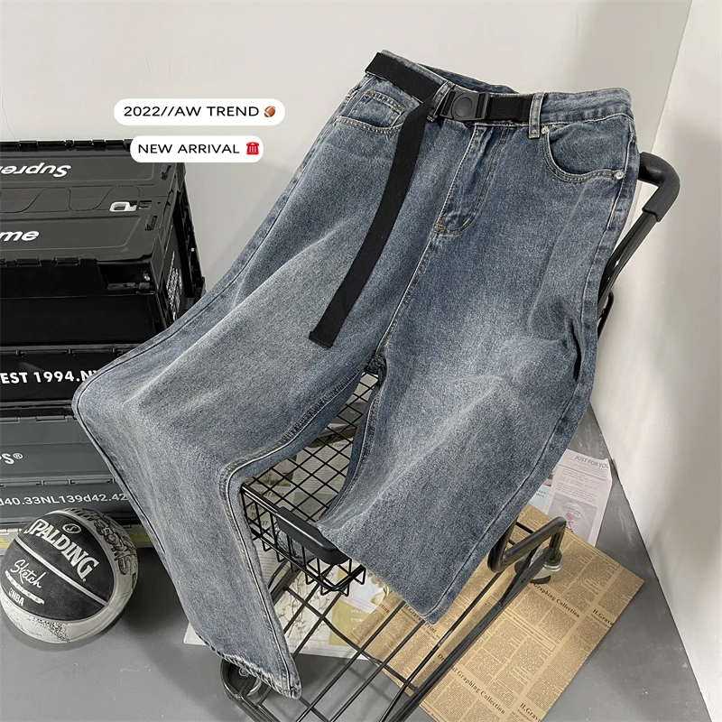 

American Sle Retro Men's Loose Straight Leg Jeans Trendy High Street Dad Long Pants Casual mid Waist Zipper No Stretch