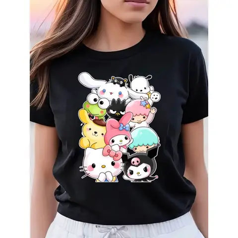 헬로 키티 Maimen 여성 여름 프린트 트렌드 셔츠 커플 캐주얼 패션 반소매 셔츠 티셔츠 8 Sanrio 헬로 키티와 친구들 티셔츠 여성용 반팔 탑 Yuguigou Kuromi 멜로디 만화 프린트 하라주쿠 셔츠 사이즈 업