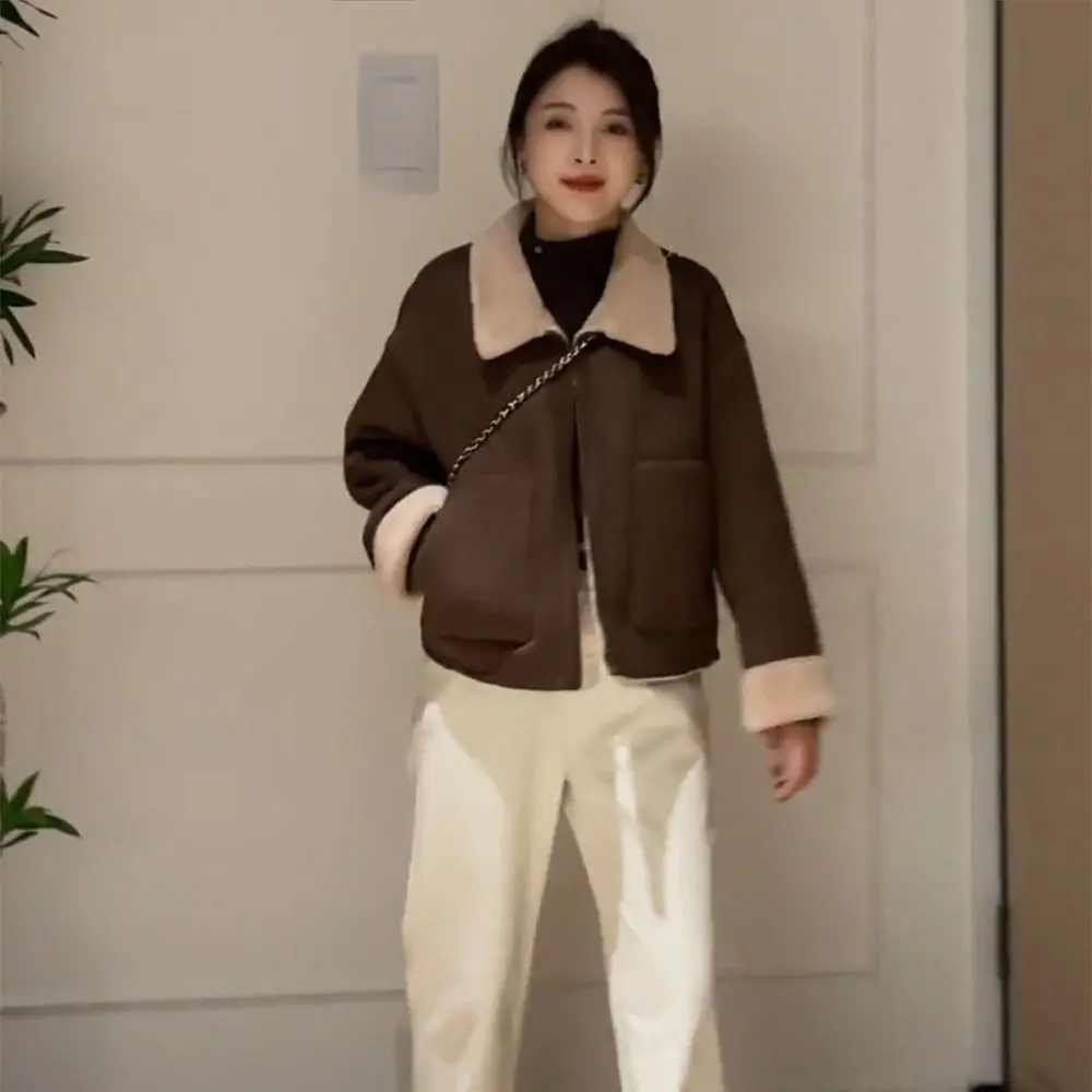 Casual Turn-down Collar Thicker Jackets Vintage Keep Warm Short Coat Fashion Lamb Fur Jacket Motorcycle Style